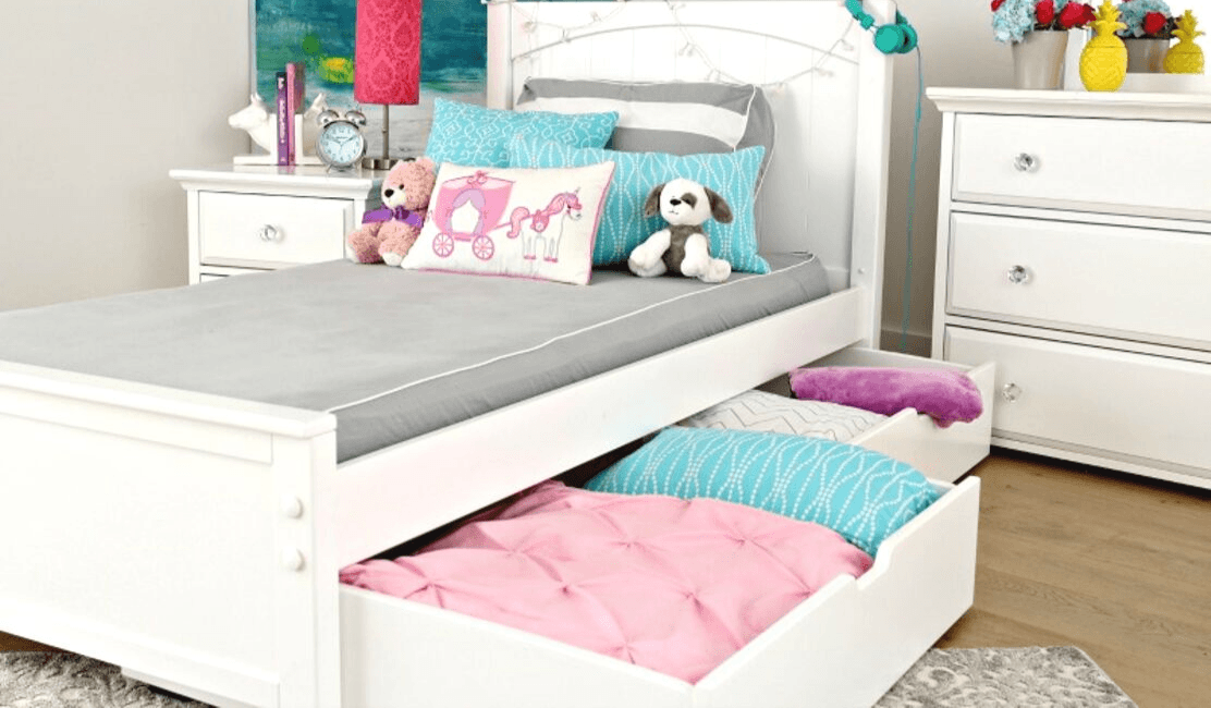 twin bed with dresser underneath