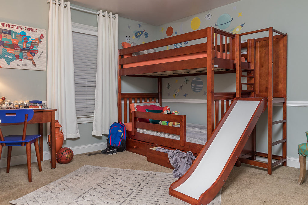 high bunk bed with slide platform