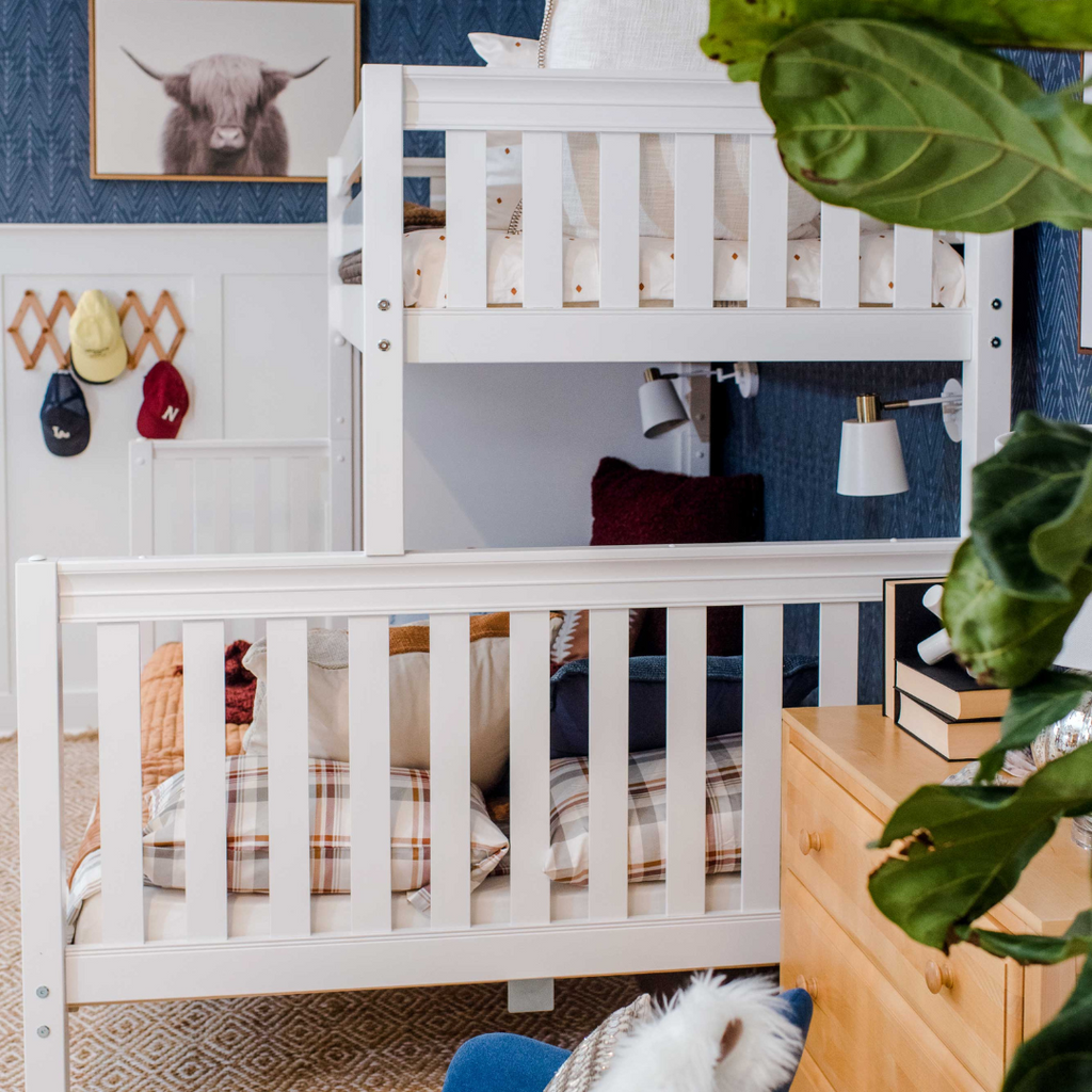 white twin over queen bunk bed with oak dresser