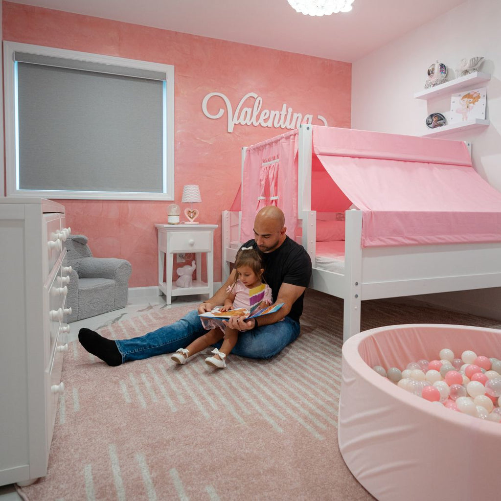 toddler girl room with toddler bed with top tent and furniture set