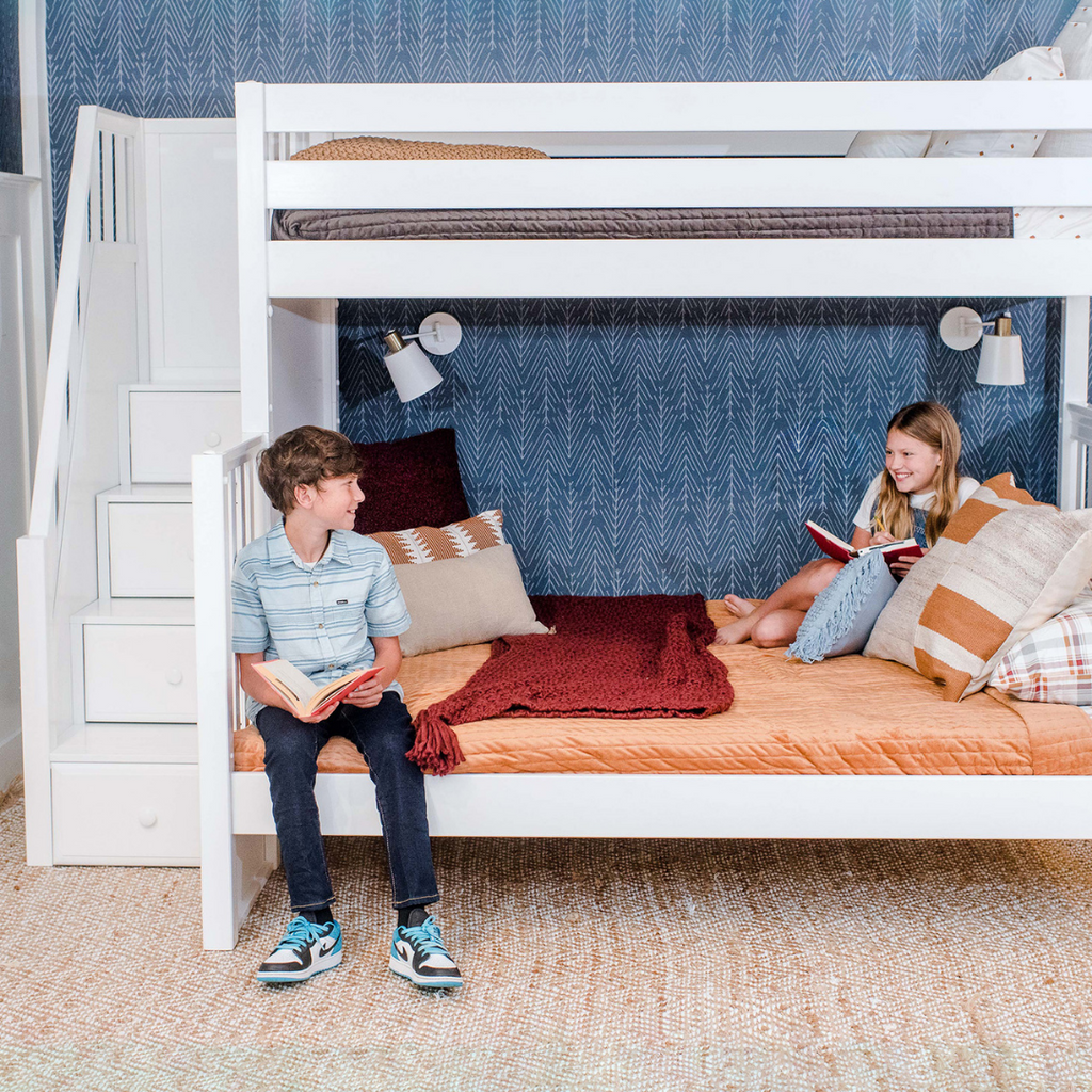tween shared room with twin xl over queen bunk bed and stairs