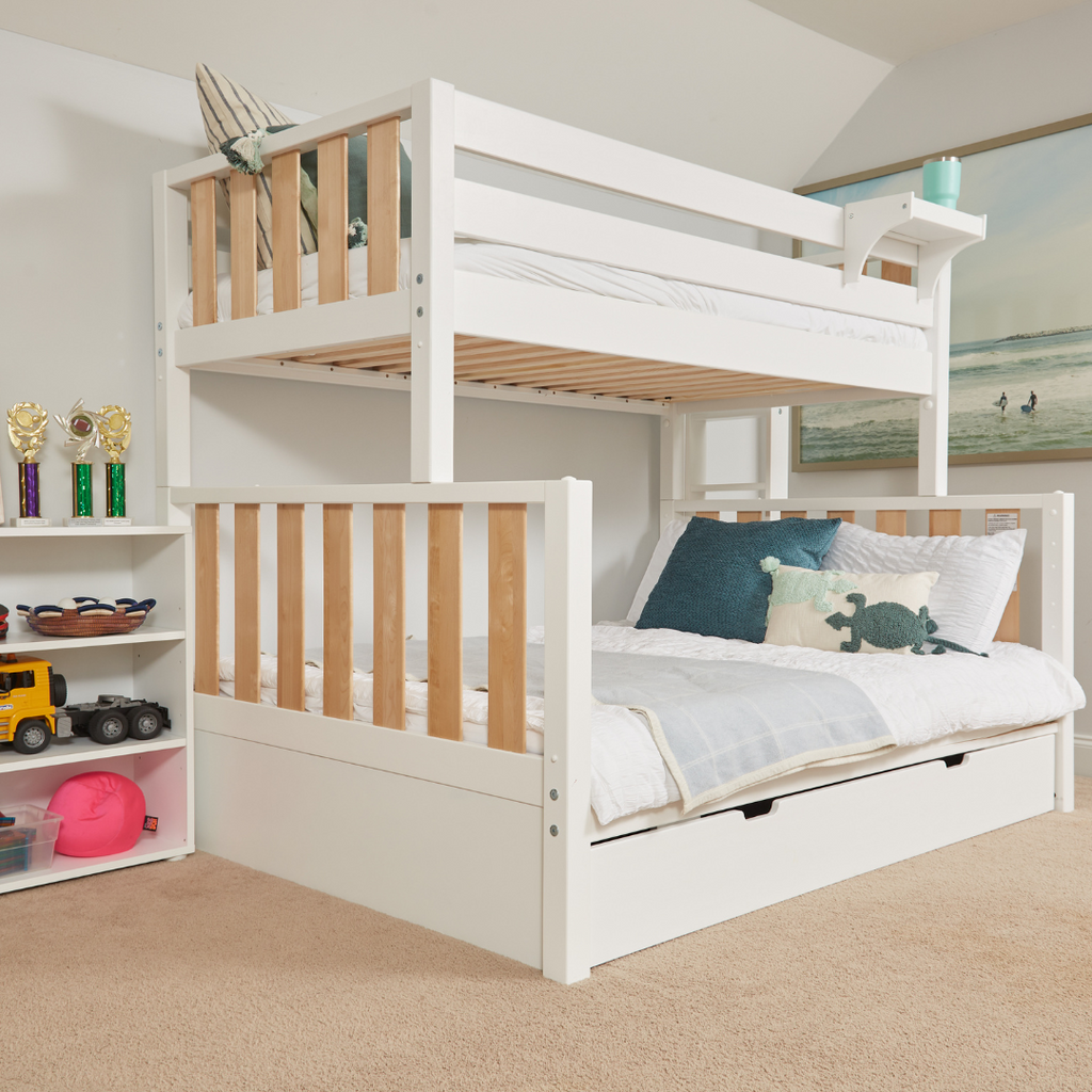 two toned modern bunk bed with white bookcase