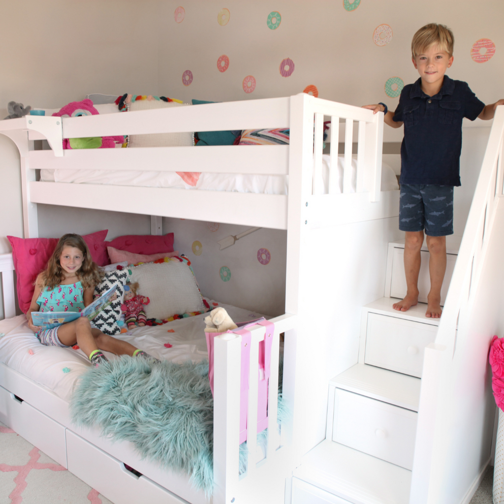 twin over full bunk bed with stairs for safe climbing