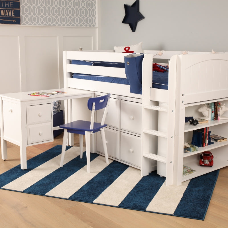 low loft bed with desk and storage