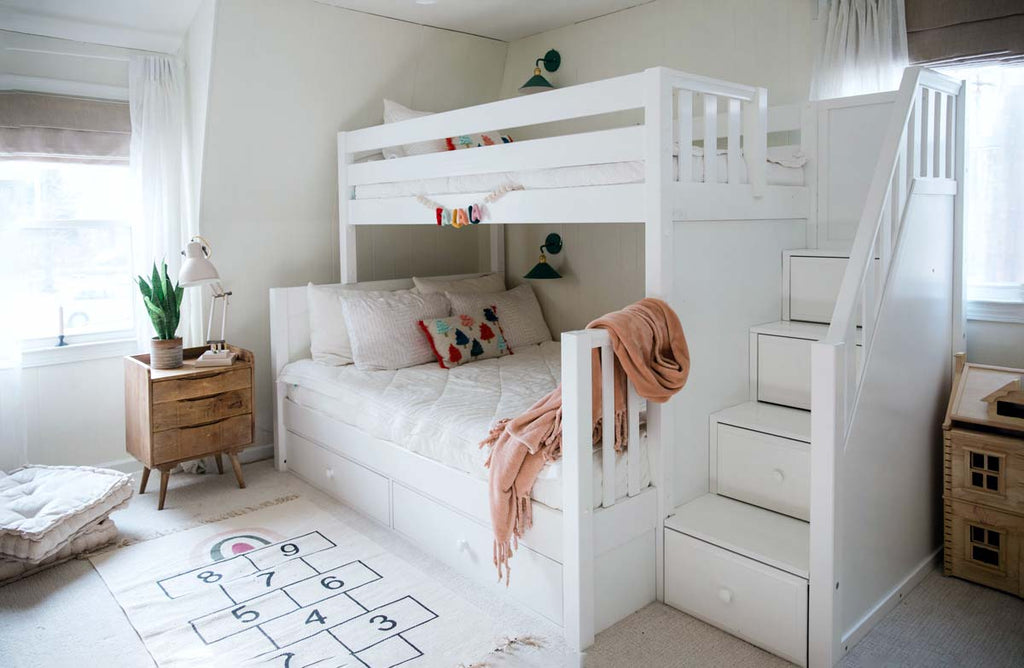 white twin over full bunk bed with stairs