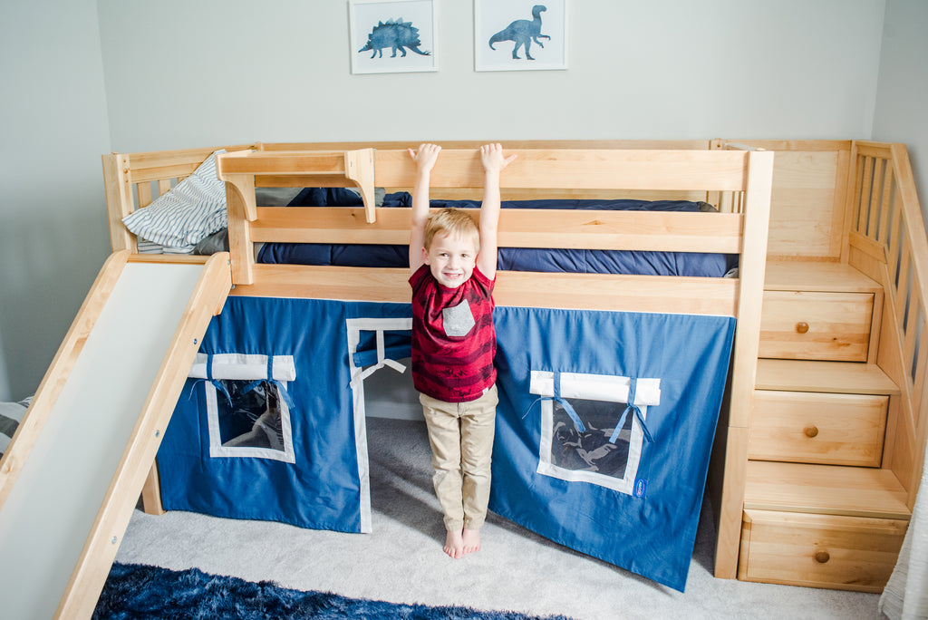 kids low loft bed with stairs slide curtains
