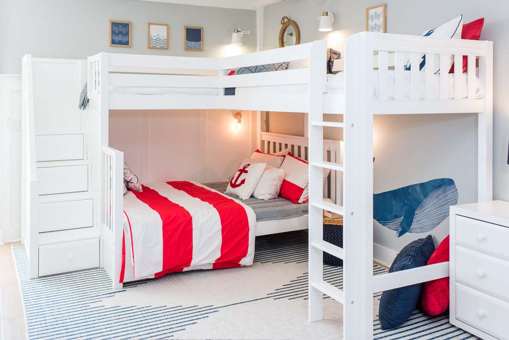 triple corner bunk bed in white with staircase entry