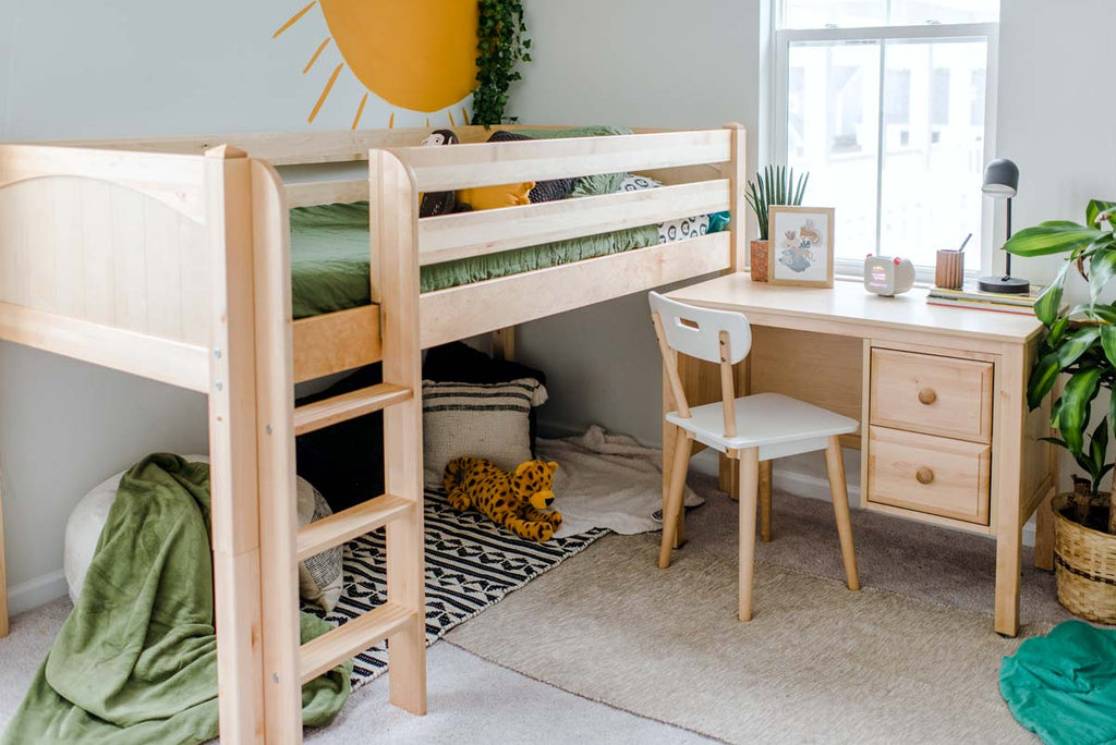 natural low loft bed with desk 