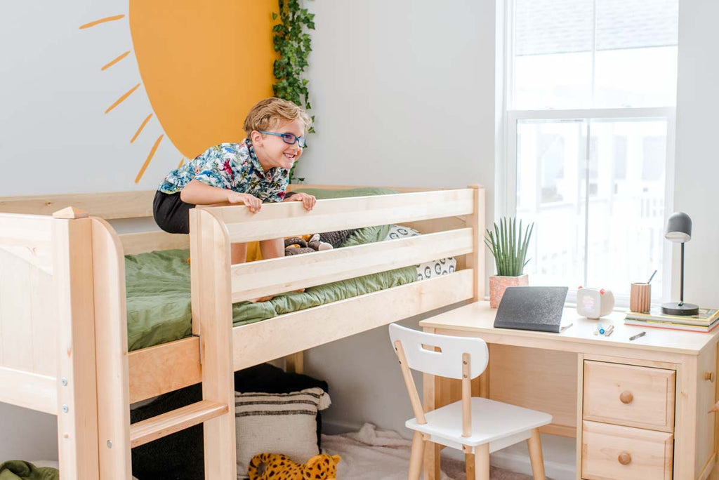 natural wood low loft boys room