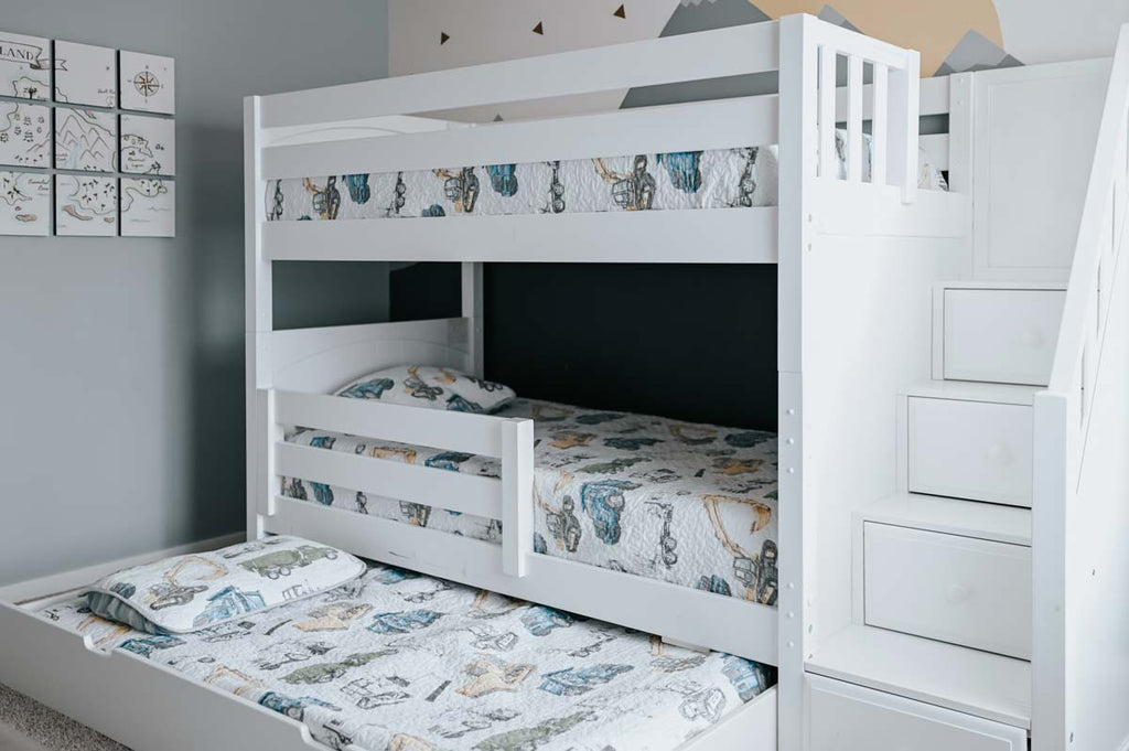 twin bunk beds with stairs in white 