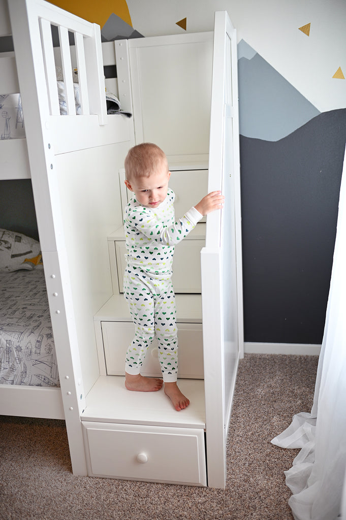 twin bunk bed with stairs in white