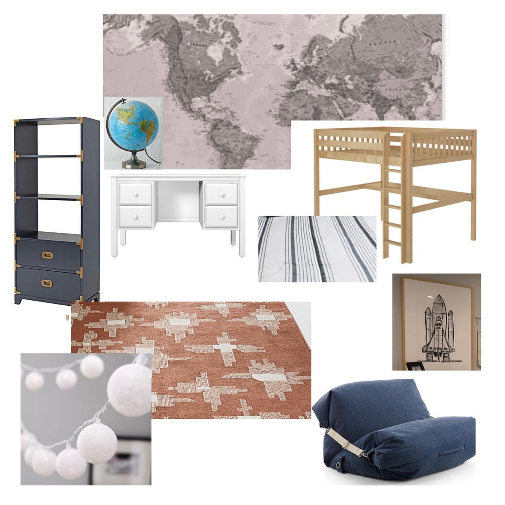 ellie mood board with queen loft bed with desk