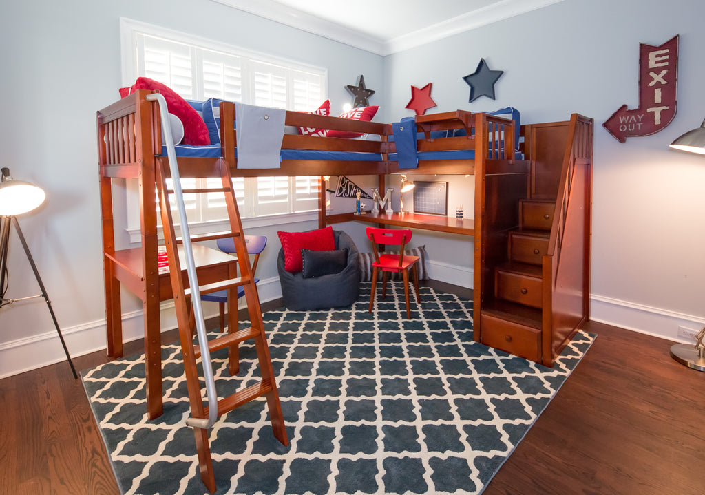 high corner loft bed in chestnut dark wood