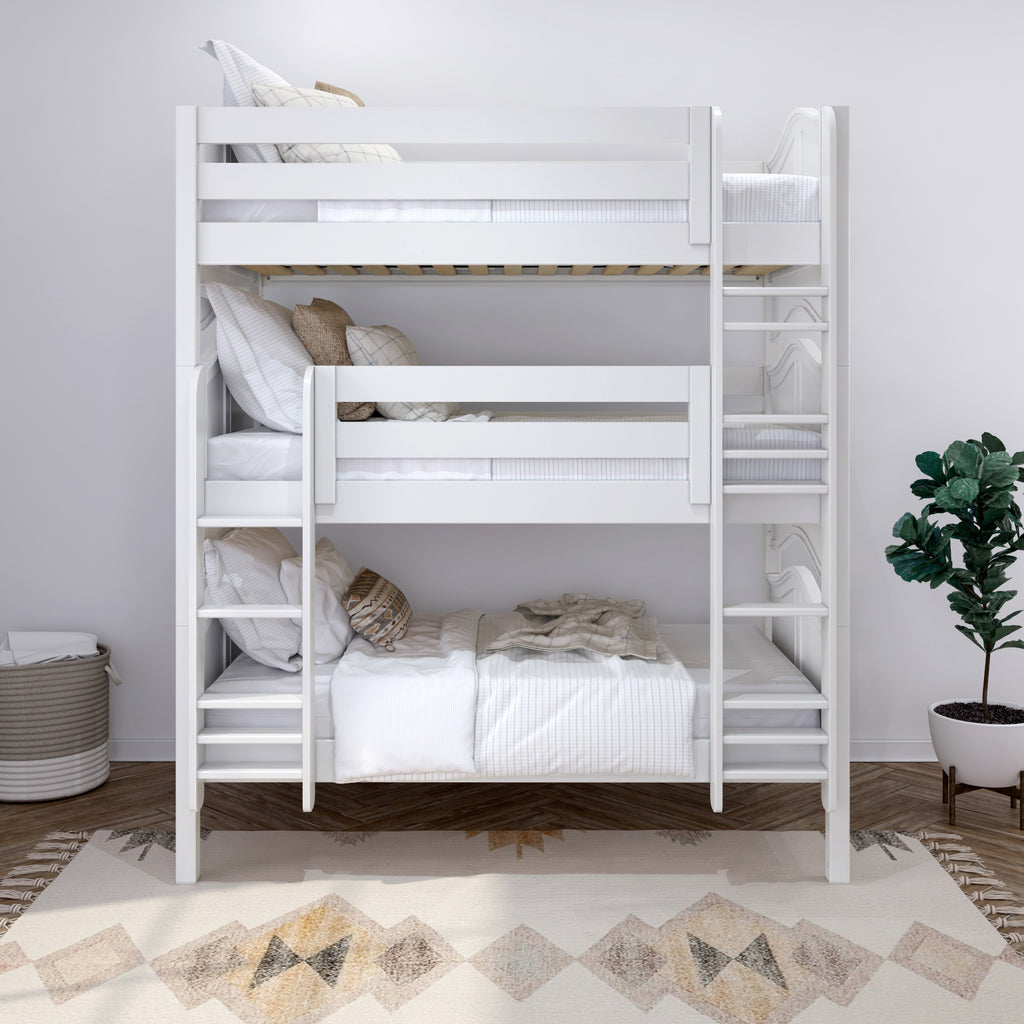 white stacked triple bunk bed