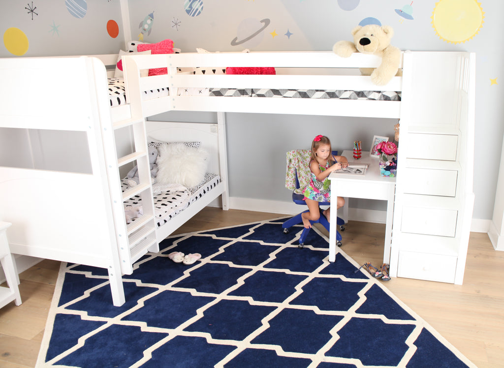 triple corner bunk bed with reversible stairs and ladder
