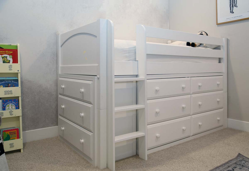 white low loft bed with storage dressers