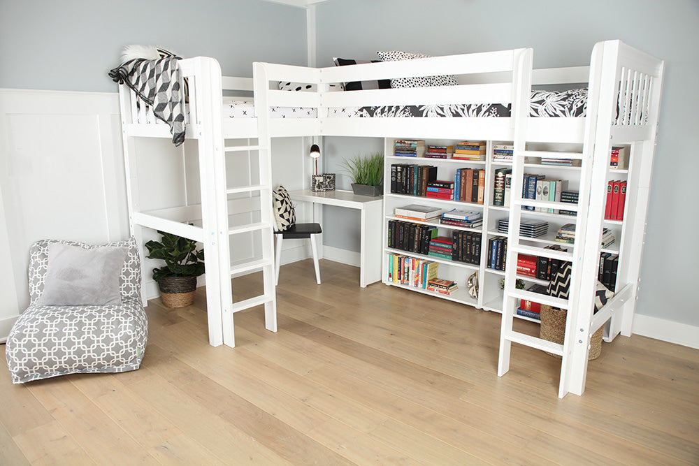 high corner loft bed with desk and storage