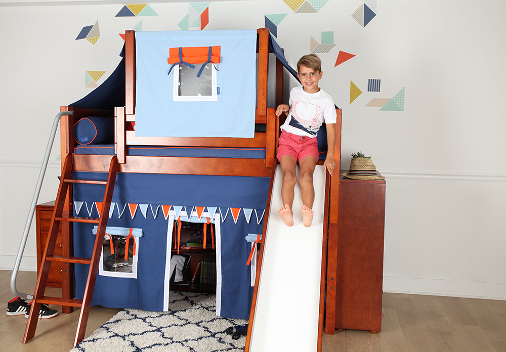 boys play loft bed with slide