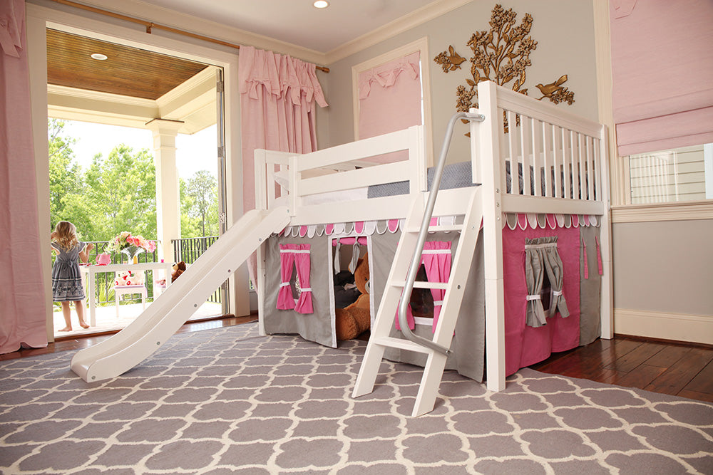 girls loft bed with slide and pink and grey curtains 