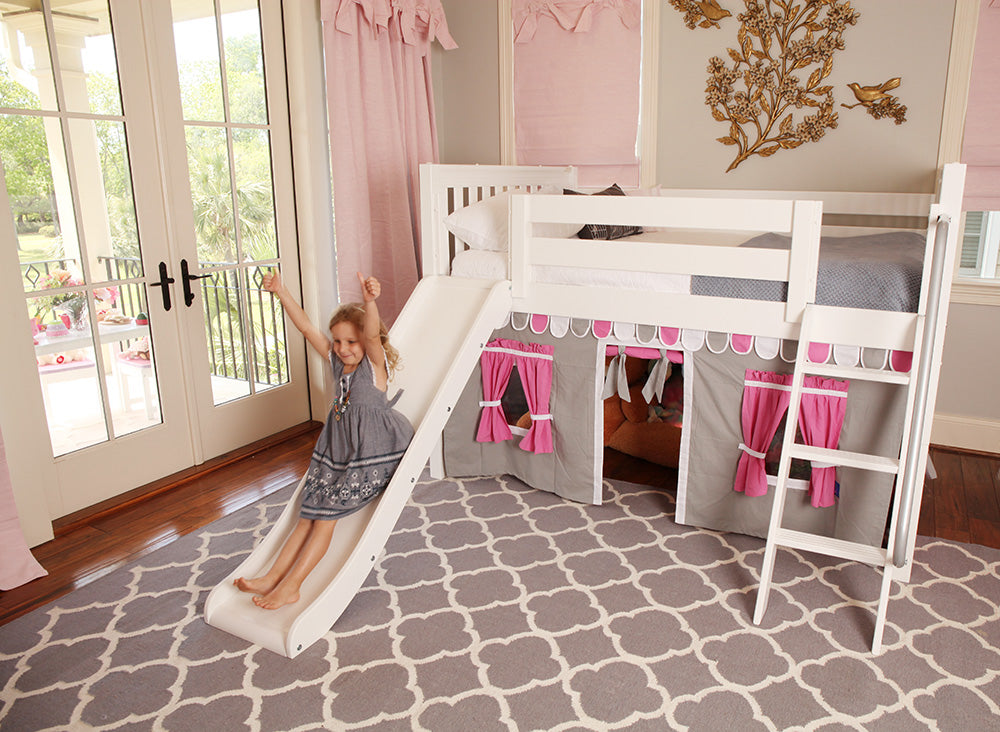 low loft bed with slide and curtains