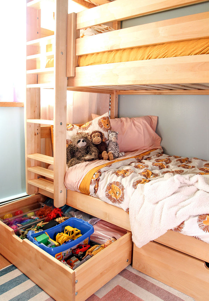 three bunk beds with storage 
