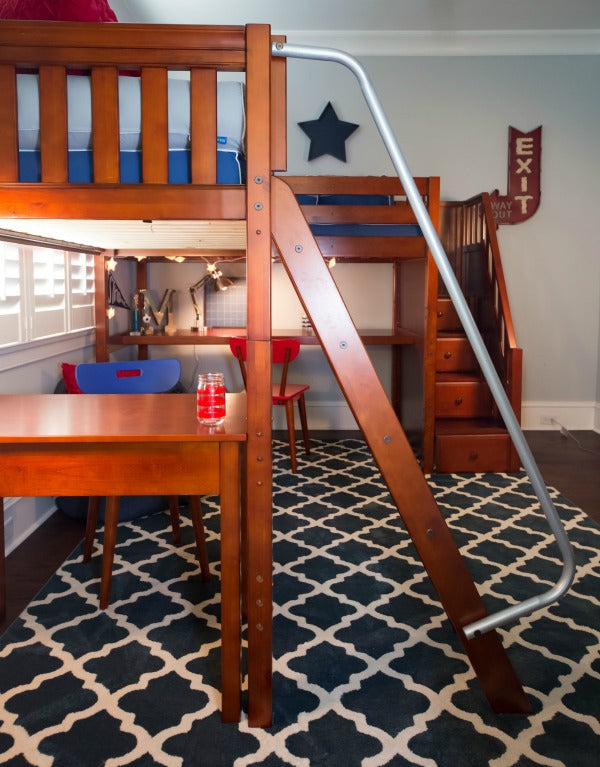 side view of corner loft bunk bed with angled ladder