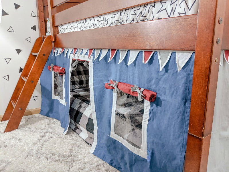 low loft bed with ladder and curtains