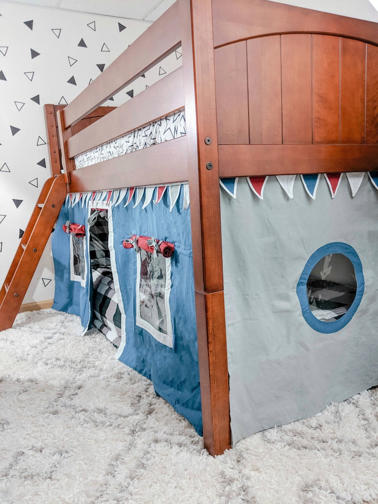 grey and blue curtains for boys loft bed