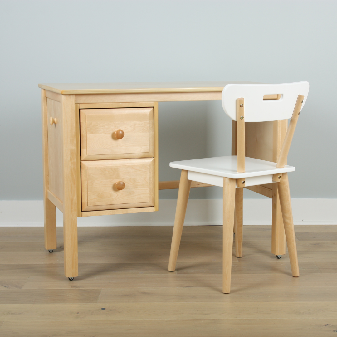 student desk in natural wood with storage drawers