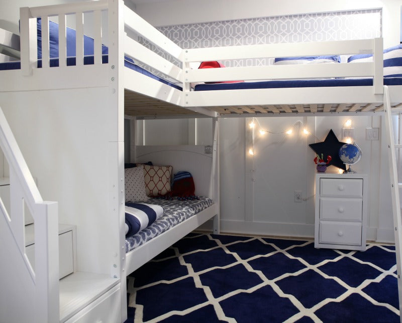 triple corner bunk bed with stairs in white