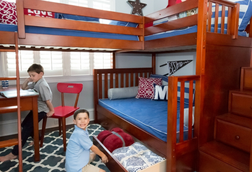 triple corner bunk bed with stairs and desk