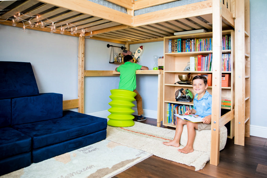 corner loft bunk with bookcase