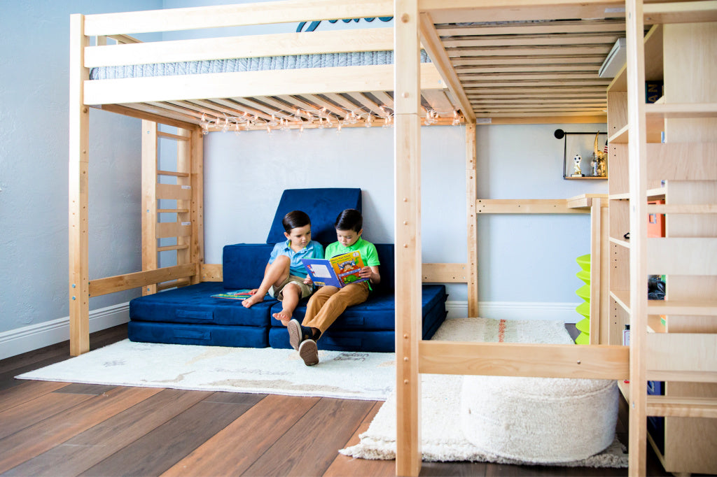 lounge area under l shaped loft bed for kids