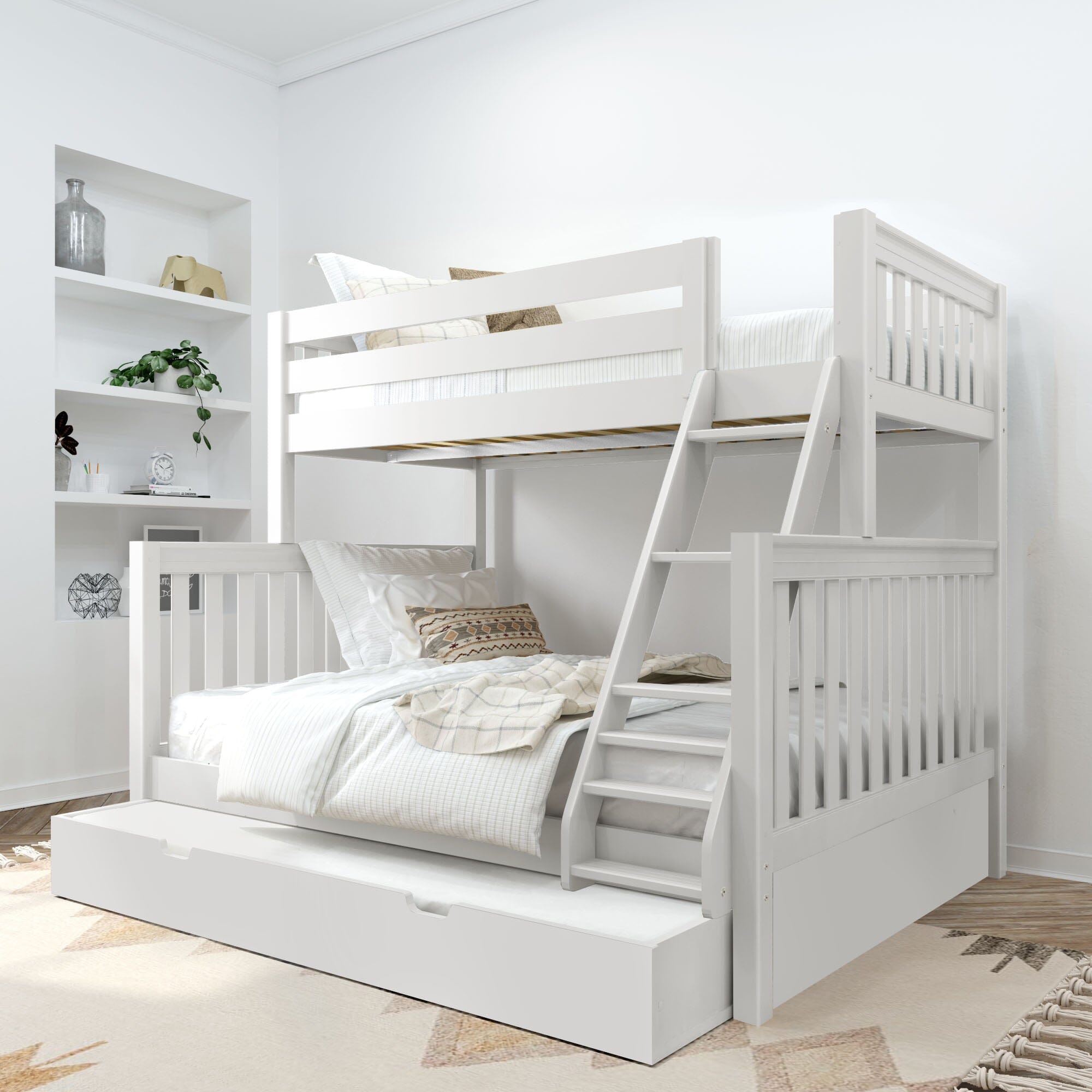 Image of Twin XL over Queen High Bunk Bed with Angled Ladder and Trundle Bed