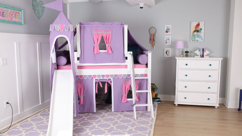 low loft bed with curtains and slide