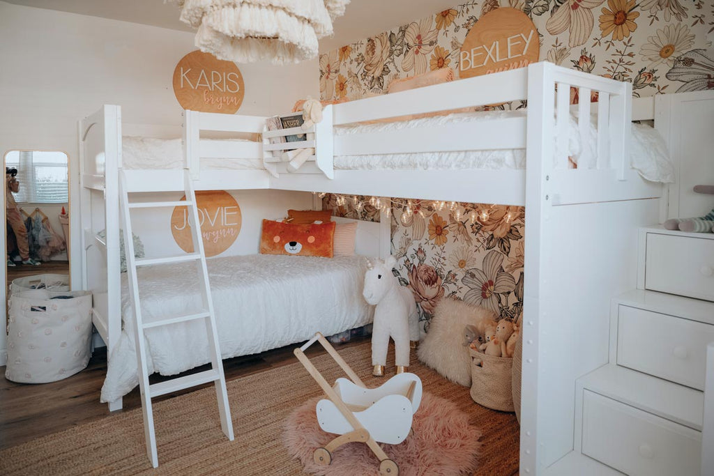 triple corner bunk bed with stairs girls room