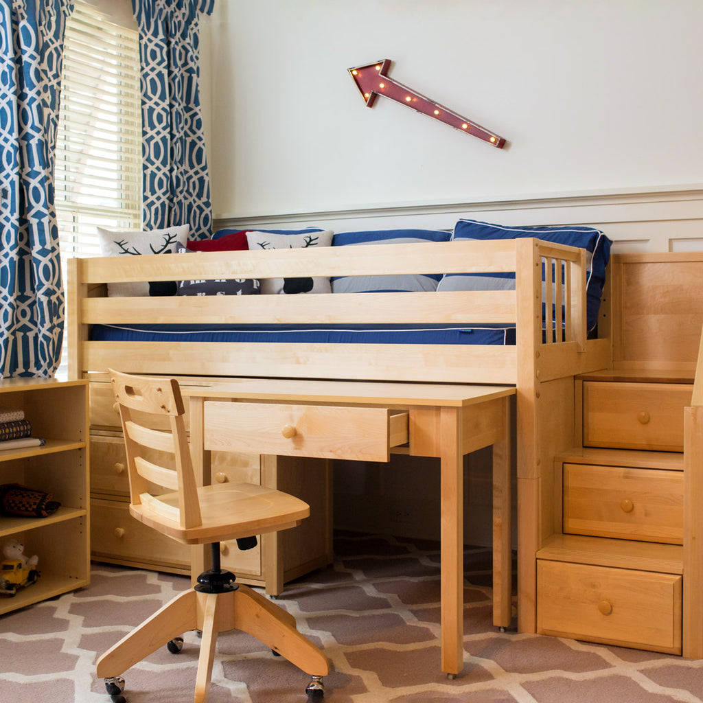 low loft bed natural wood with stairs and desk