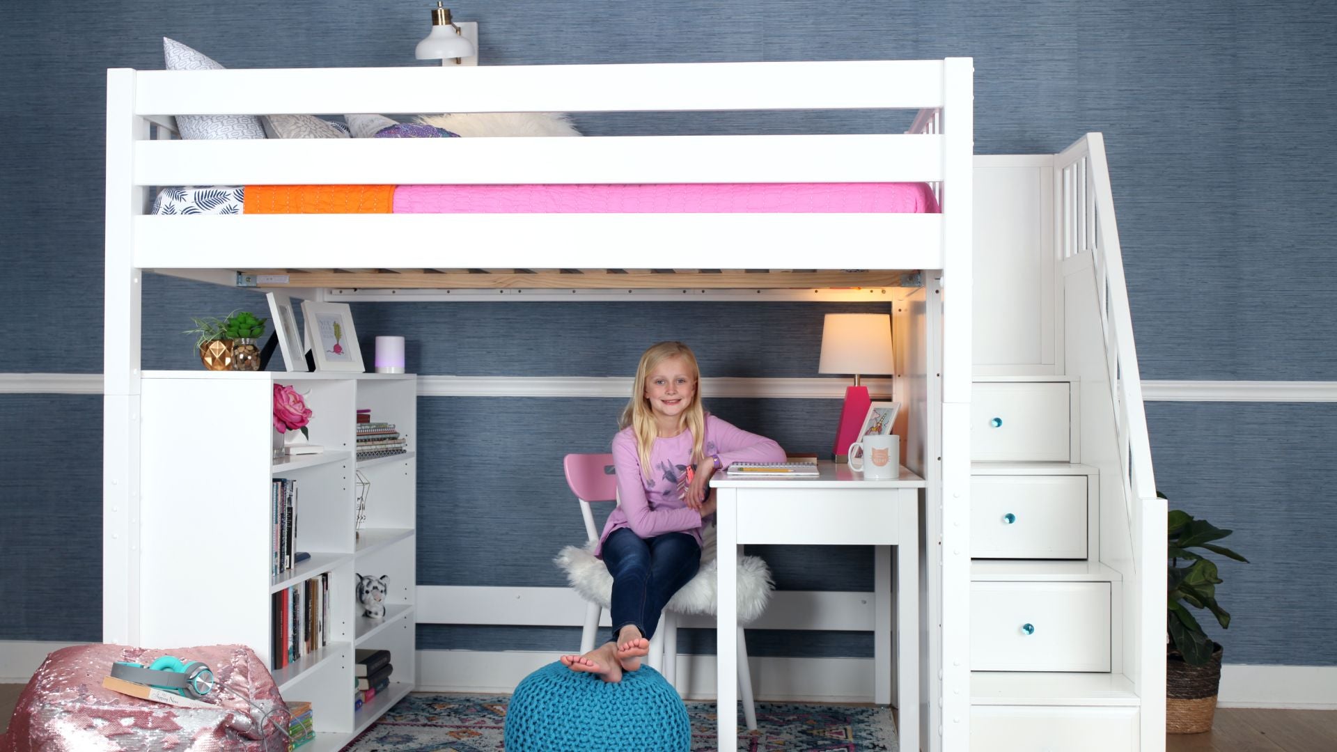 Full-size loft bed with desk and stairs