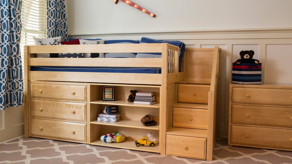 Low loft bed with storage and stairs