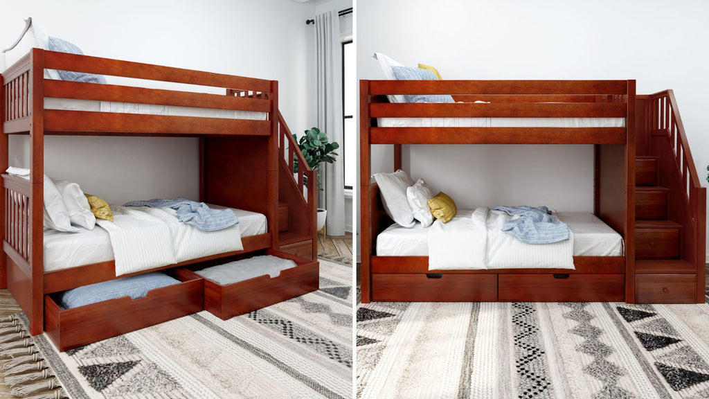 Twin over twin bunk bed with stairs and underbed drawers