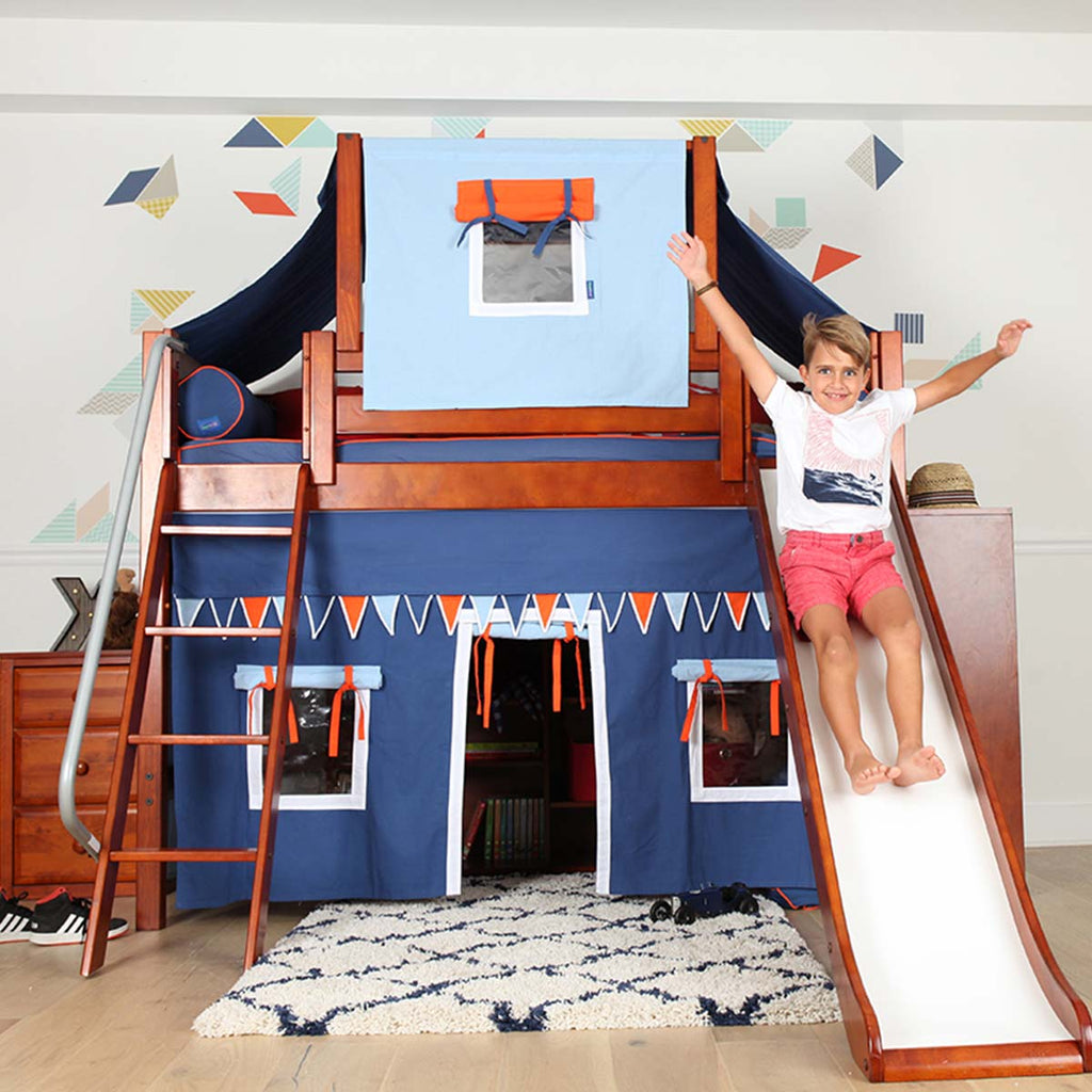 medium height loft bed with slide and tents