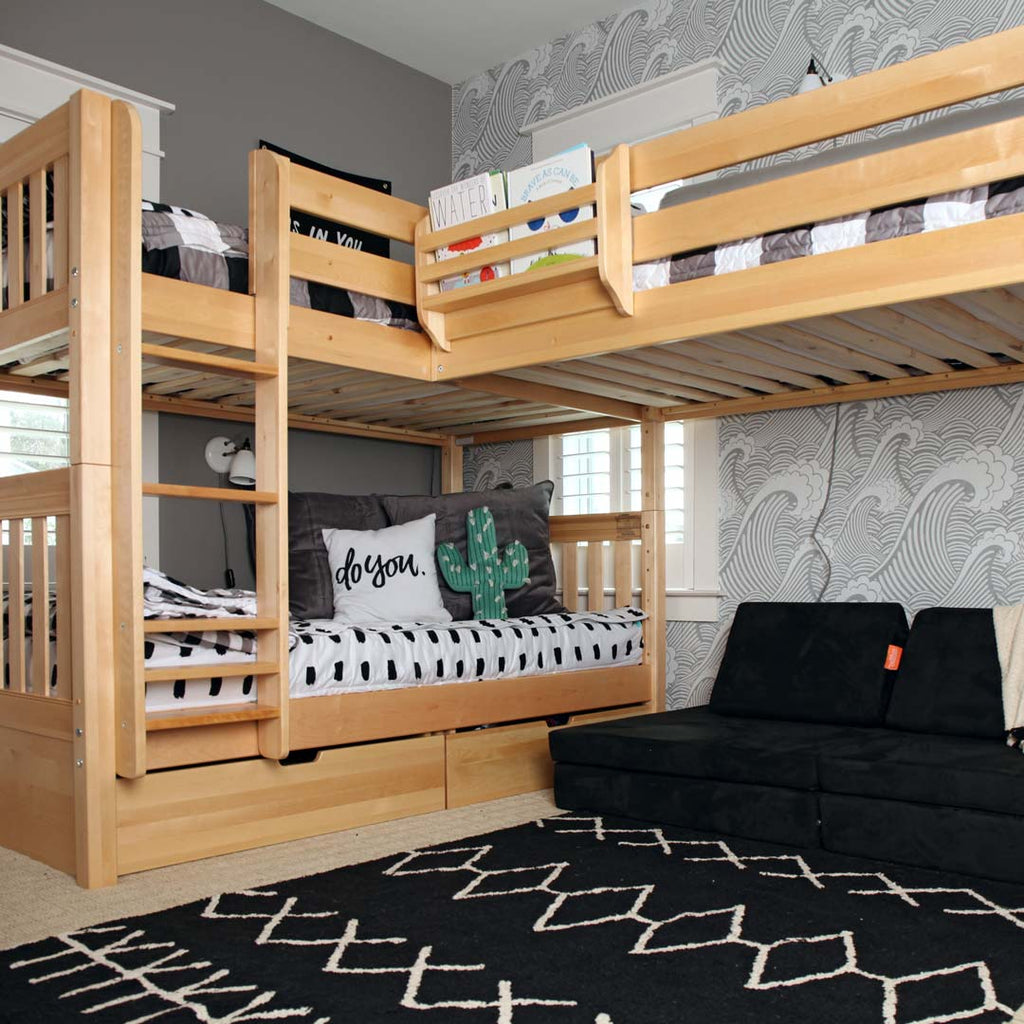 triple corner bunk bed in boys room