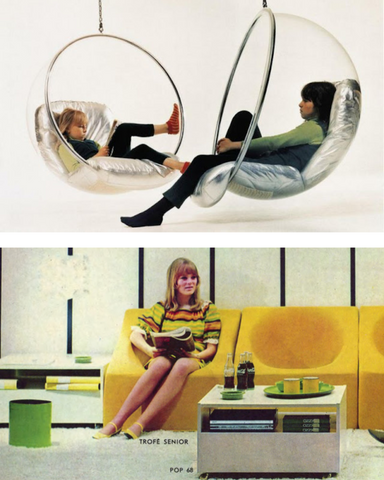 70s egg chair and 70s style living room retro decor design