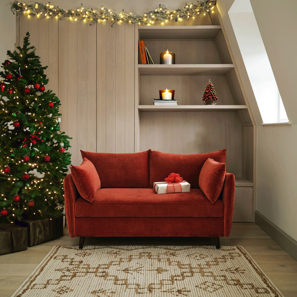 Christmas living room with red sofa