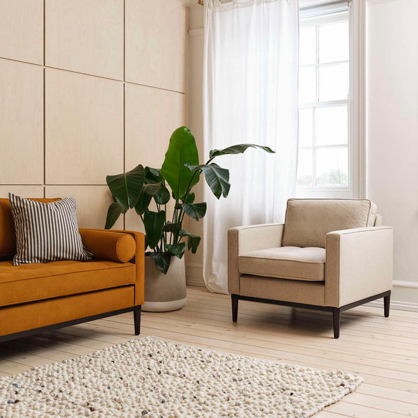 scandi living room ideas yellow sofa neutral armchair neutral accent chair suede sofa wool armchair wool accent chair yellow sofa with beige chair orange sofa orange sofa with beige chair