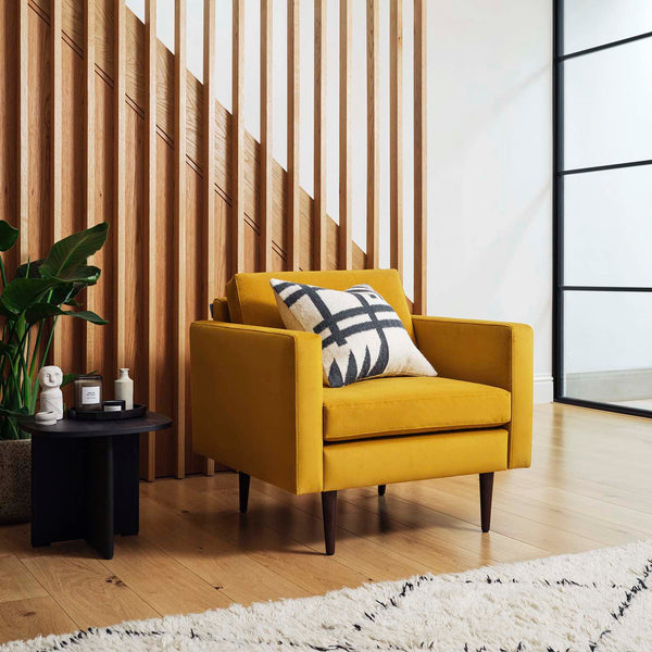 accent chair mustard accent chair yellow accent chair yellow armchair wood panelling living room wood panelling scandi style wood panelling