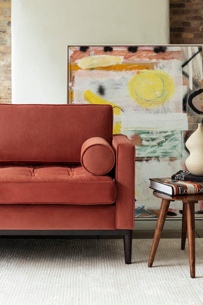 brick red velvet sofa