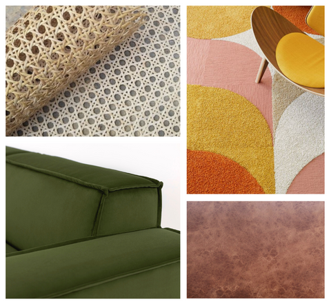 70s retro interior design textures rattan shag rug velvet sofa green velvet sofa leather furniture leather sofa leather armchair