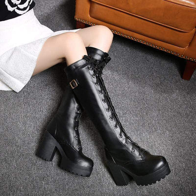 leather lace up knee high boots