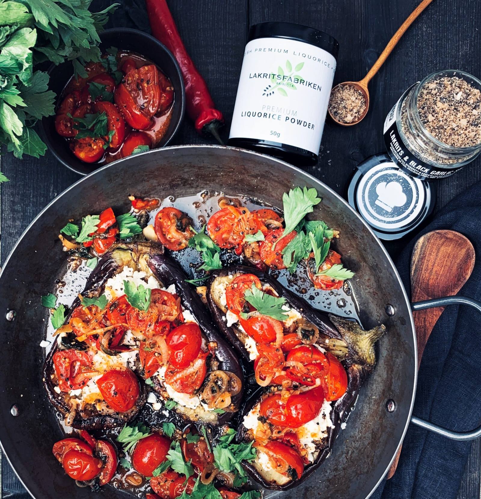 Baked Aubergine with Feta Cheese and a Hot Tomato Liquorice Salsa Recipe